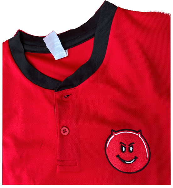 Button polo shirt - red with black 'collarless' trim and sleeve edging, quality embroidered cheeky devil logo