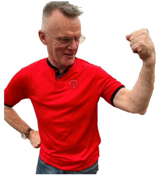 Button polo shirt - red with black 'collarless' trim and sleeve edging, quality embroidered cheeky devil logo