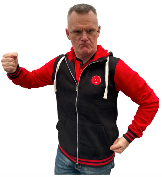 Zoodie - zip through hoodie - red and black, quality embroidered cheeky devil logo