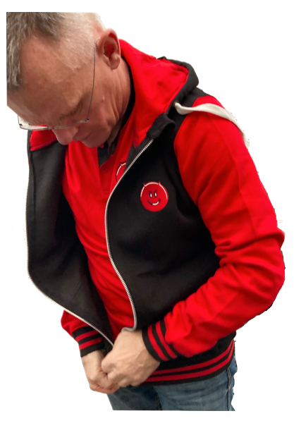 Zoodie - zip through hoodie - red and black, quality embroidered cheeky devil logo