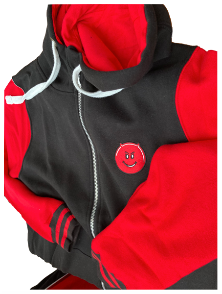 Zoodie - zip through hoodie - red and black, quality embroidered cheeky devil logo