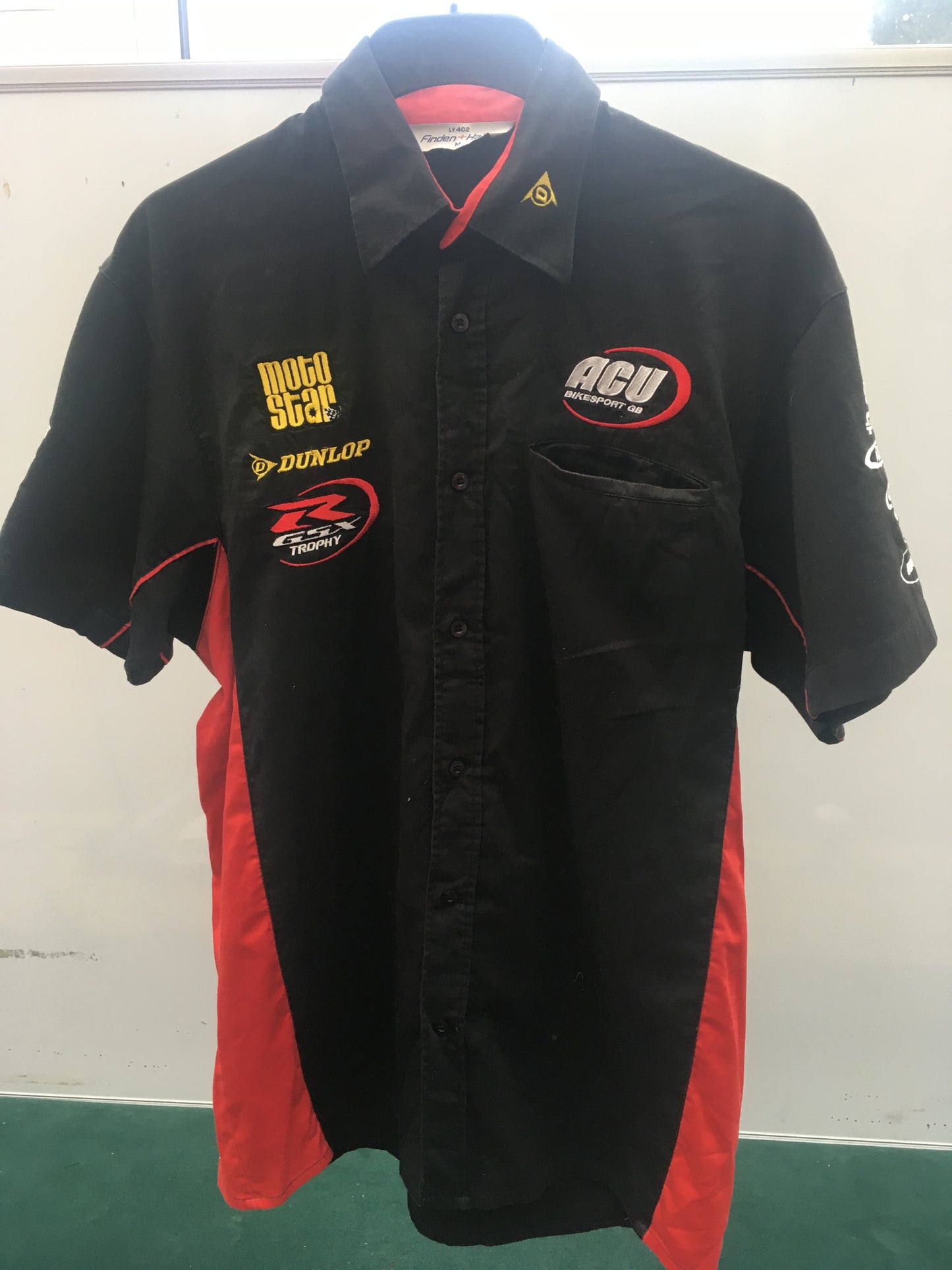 Motorsport memorabilia motorcycle team shirt - ACU, Dunlop, Derbi, Replicast, Colin Appleyard, Motrac, BSN, Suzuki, Crescent, Express Insurance - M