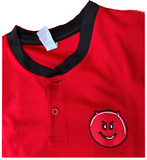 Button polo shirt - red with black 'collarless' trim and sleeve edging, quality embroidered cheeky devil logo