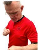 Button polo shirt - red with black 'collarless' trim and sleeve edging, quality embroidered cheeky devil logo
